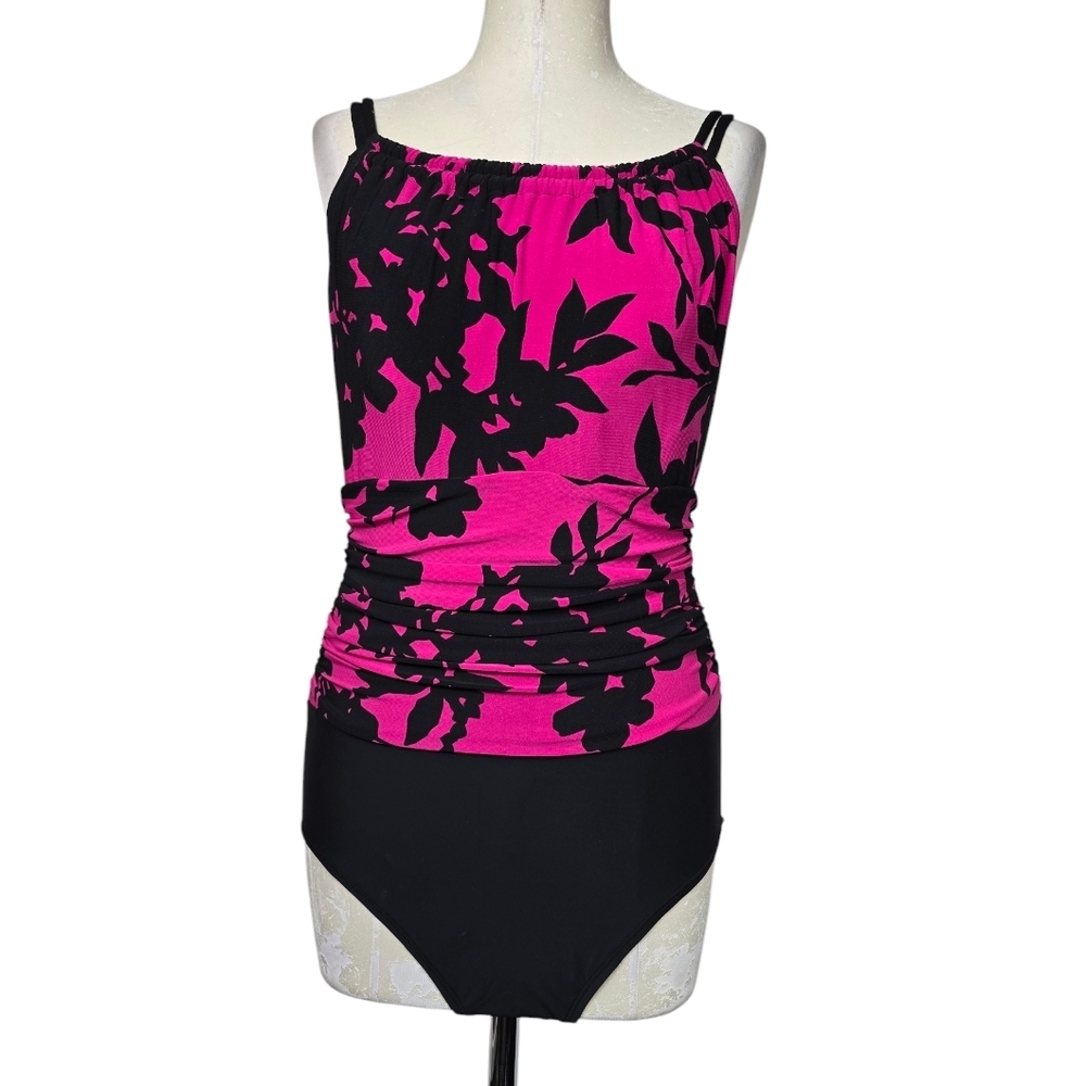 Aqua Green Black Pink Floral One Piece Swimsuit  M